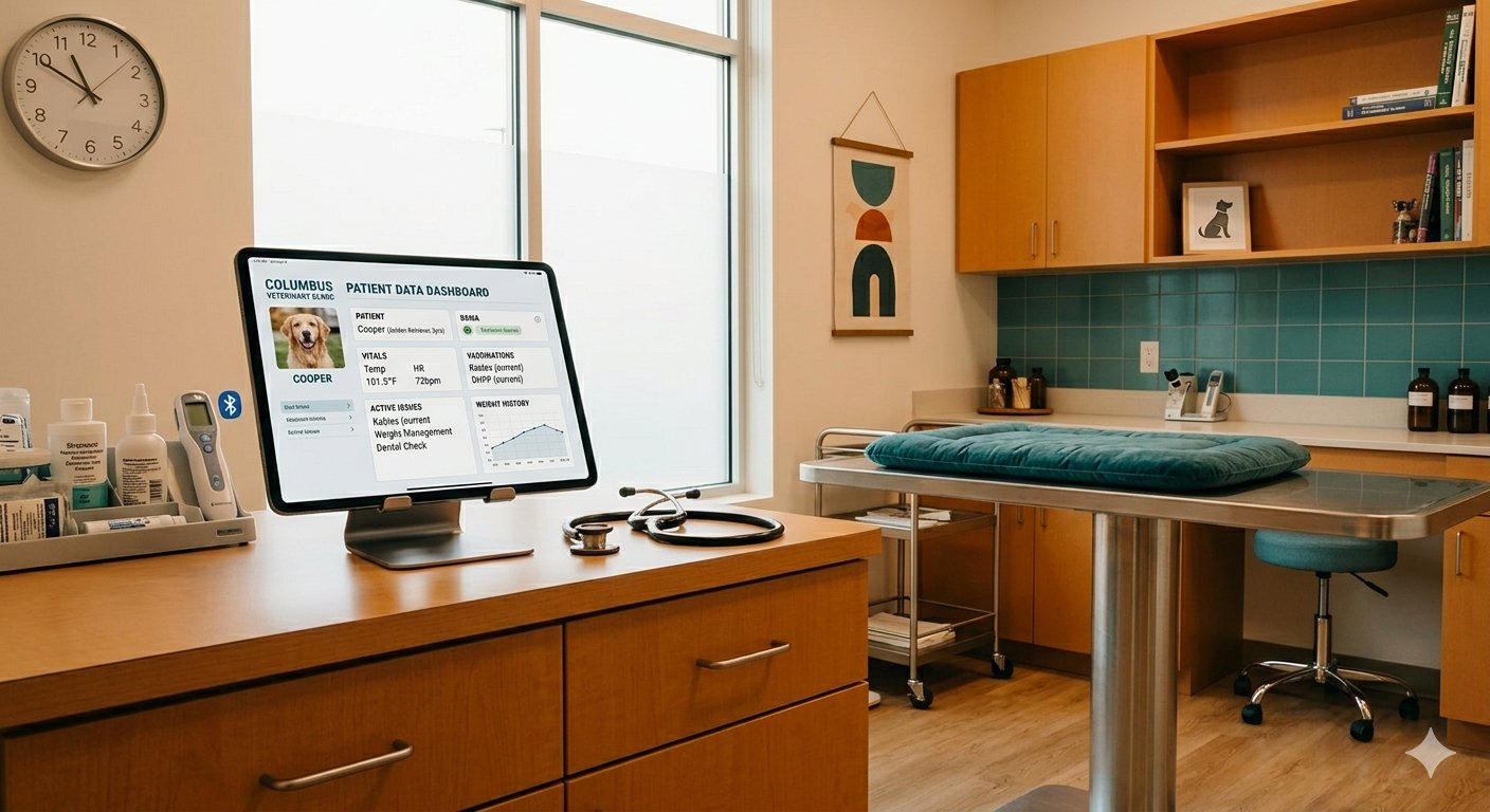 Veterinary exam room with a tablet showing a patient data dashboard, illustrating the AI diagnostic recommendation concept